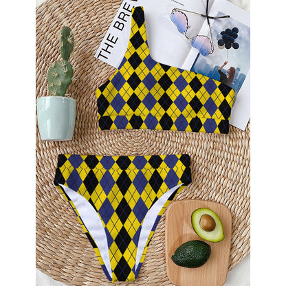 Black Blue And Yellow Argyle Print One Shoulder Bikini Top