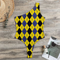 Black Blue And Yellow Argyle Print One Shoulder Bodysuit