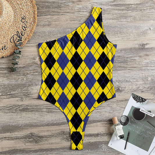 Black Blue And Yellow Argyle Print One Shoulder Bodysuit