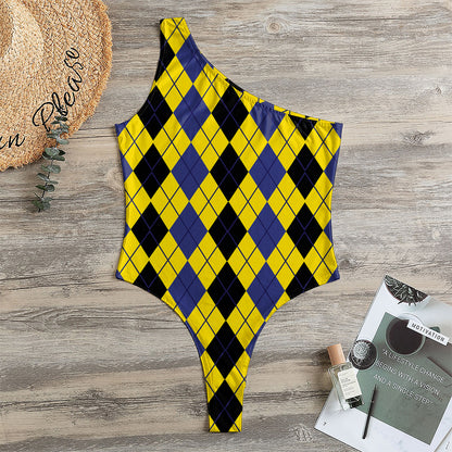 Black Blue And Yellow Argyle Print One Shoulder Bodysuit