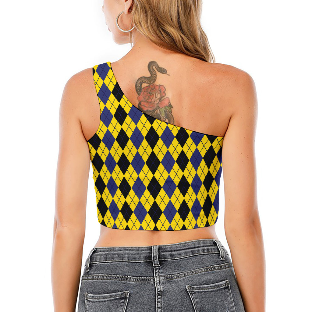 Black Blue And Yellow Argyle Print One Shoulder Crop Top
