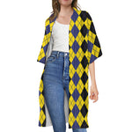 Black Blue And Yellow Argyle Print Open Front Beach Cover Up