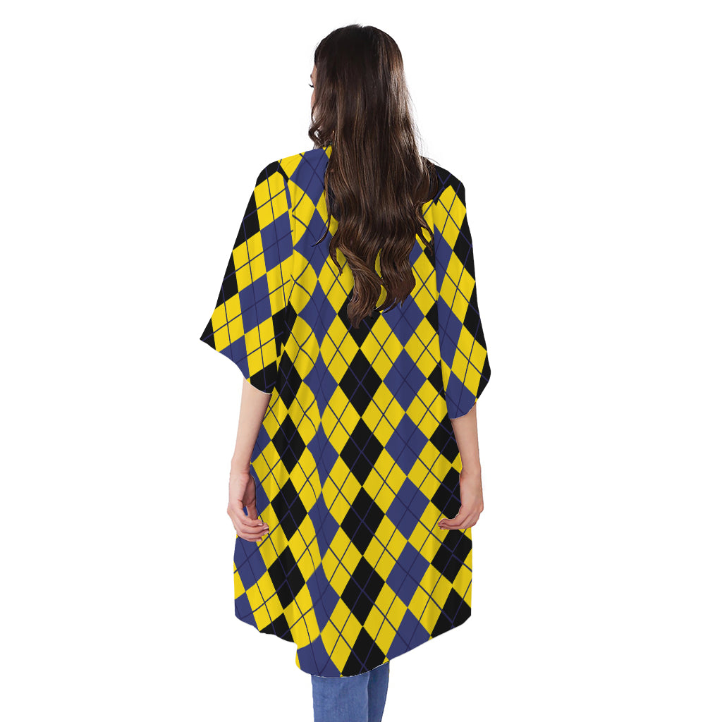 Black Blue And Yellow Argyle Print Open Front Beach Cover Up