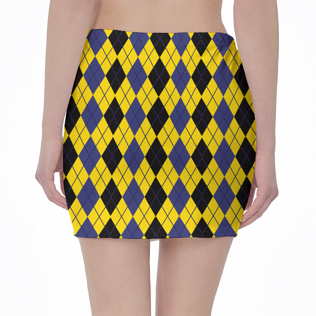 Black Blue And Yellow Argyle Print Pencil Mini Skirt