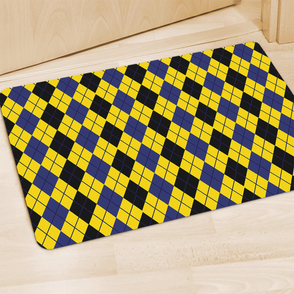 Black Blue And Yellow Argyle Print Polyester Doormat