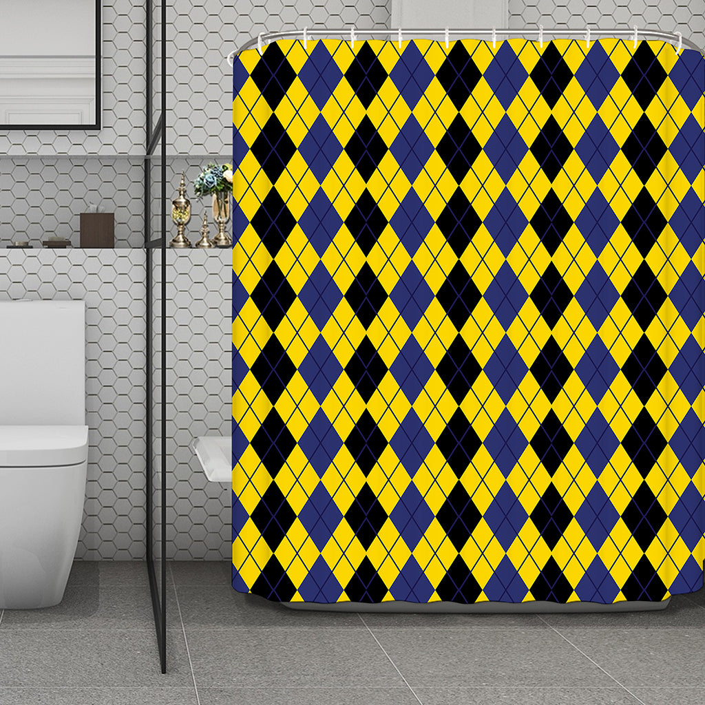 Black Blue And Yellow Argyle Print Polyester Shower Curtain