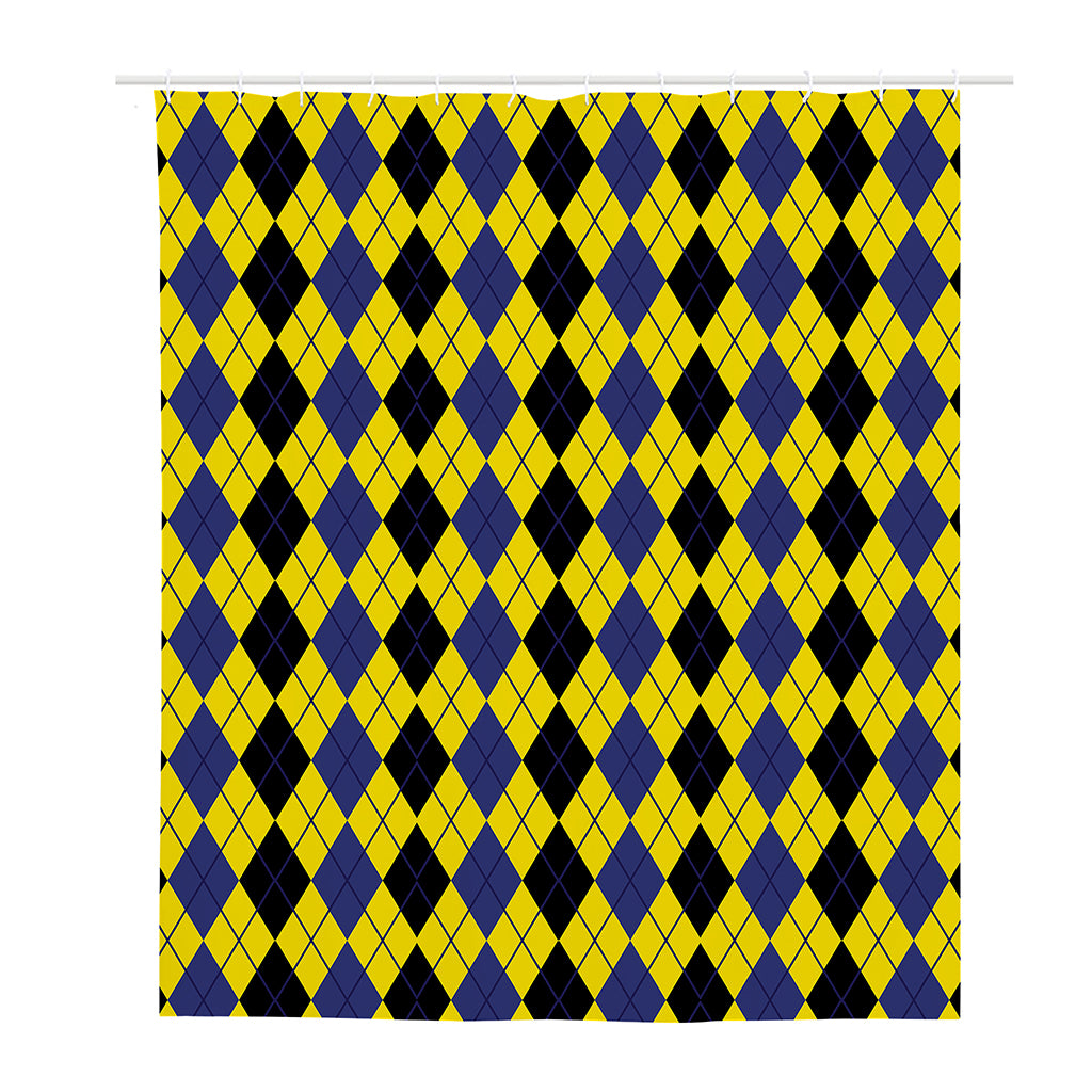 Black Blue And Yellow Argyle Print Polyester Shower Curtain