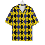 Black Blue And Yellow Argyle Print Rayon Hawaiian Shirt