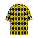 Black Blue And Yellow Argyle Print Rayon Hawaiian Shirt