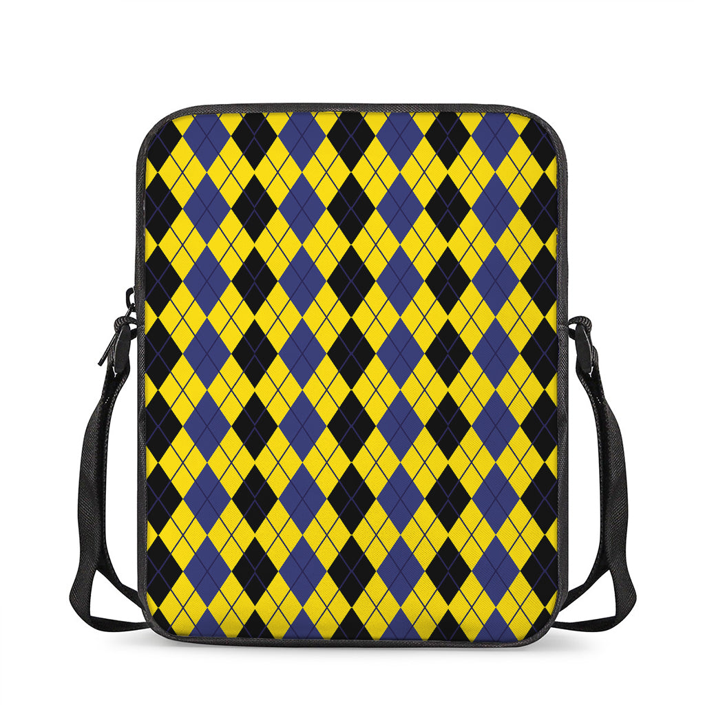 Black Blue And Yellow Argyle Print Rectangular Crossbody Bag