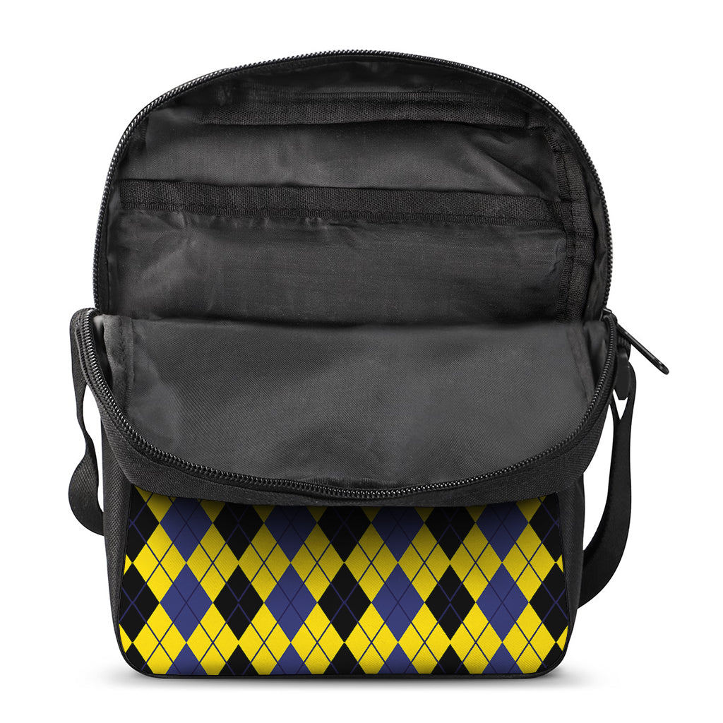 Black Blue And Yellow Argyle Print Rectangular Crossbody Bag