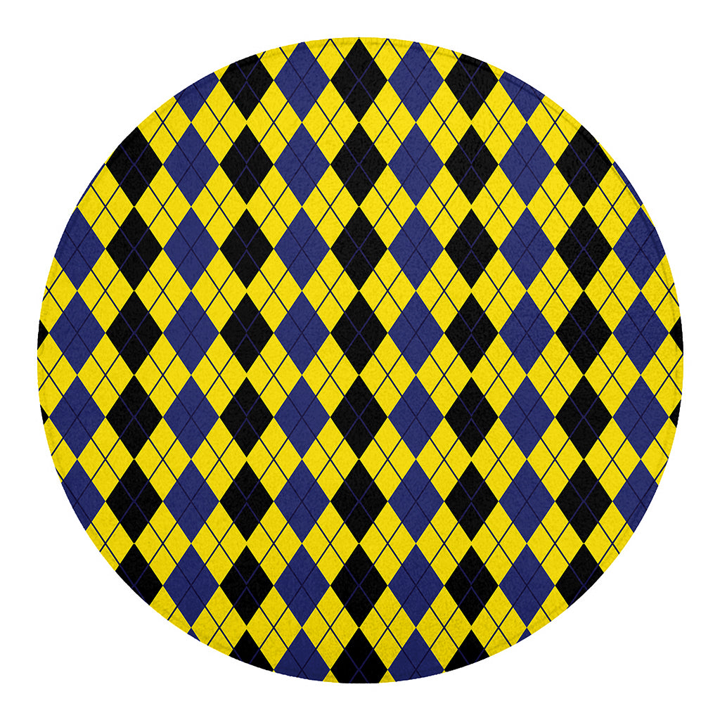 Black Blue And Yellow Argyle Print Round Blanket