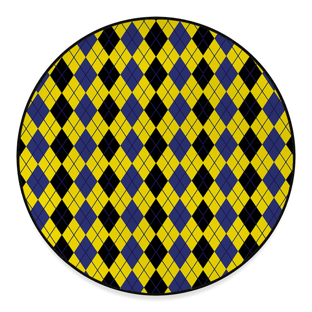 Black Blue And Yellow Argyle Print Round Floor Mat