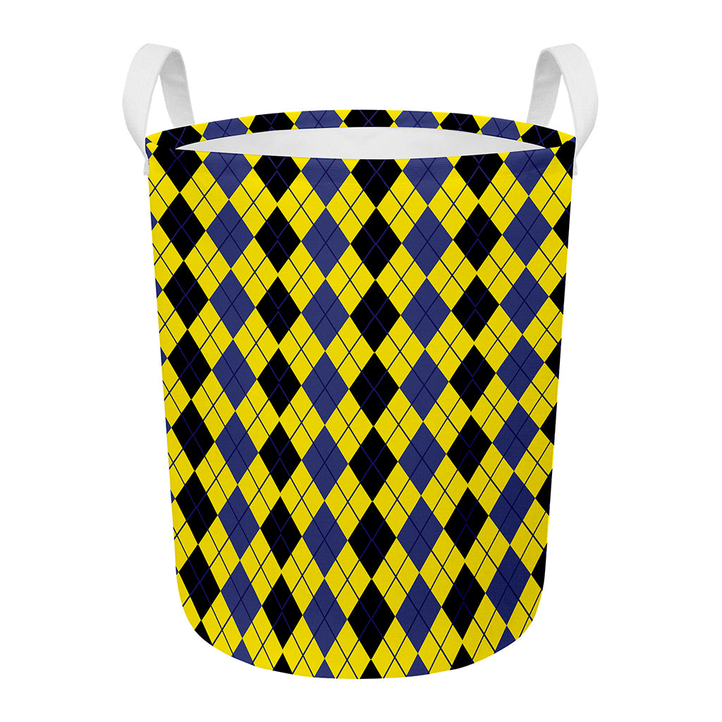 Black Blue And Yellow Argyle Print Round Laundry Basket