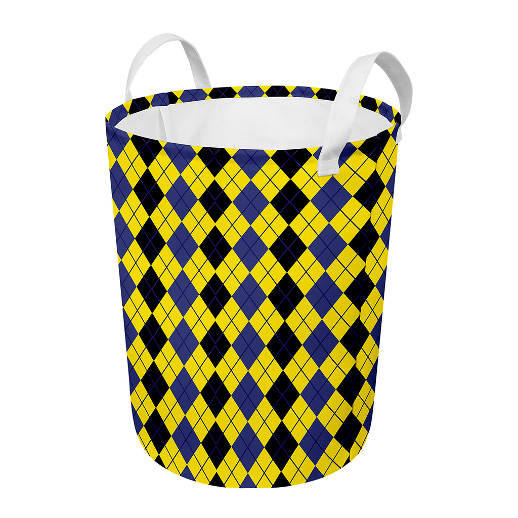 Black Blue And Yellow Argyle Print Round Laundry Basket