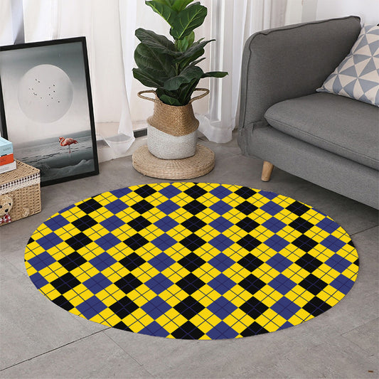 Black Blue And Yellow Argyle Print Round Rug