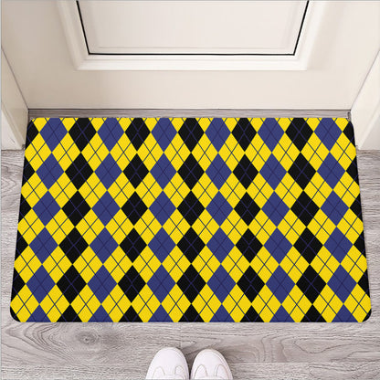 Black Blue And Yellow Argyle Print Rubber Doormat