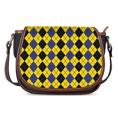 Black Blue And Yellow Argyle Print Saddle Bag