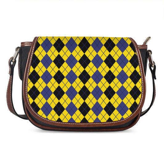 Black Blue And Yellow Argyle Print Saddle Bag