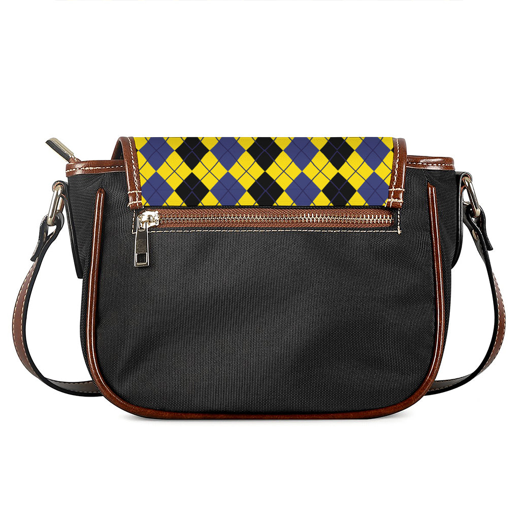 Black Blue And Yellow Argyle Print Saddle Bag