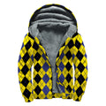 Black Blue And Yellow Argyle Print Sherpa Lined Zip Up Hoodie