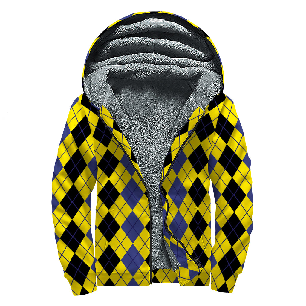 Black Blue And Yellow Argyle Print Sherpa Lined Zip Up Hoodie