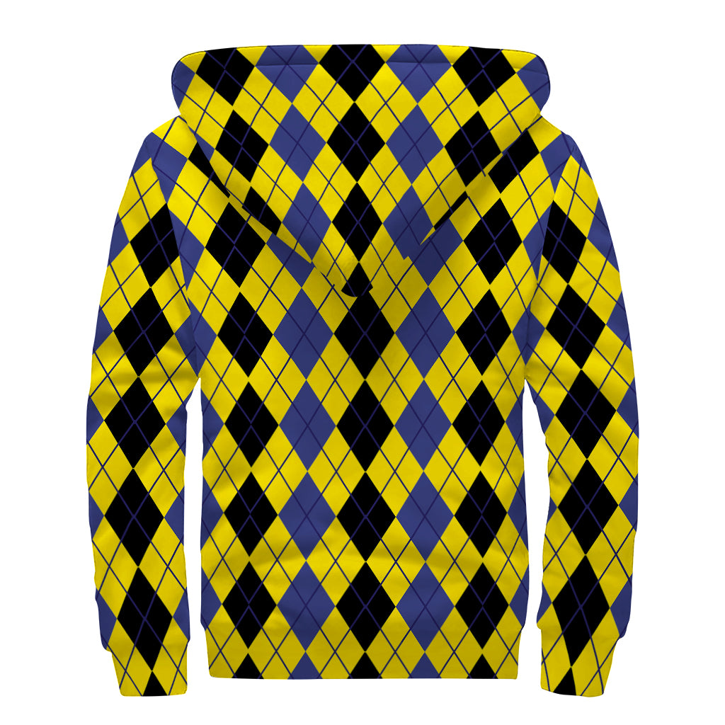 Black Blue And Yellow Argyle Print Sherpa Lined Zip Up Hoodie