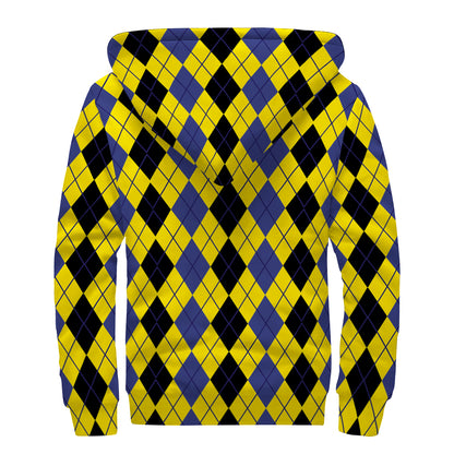 Black Blue And Yellow Argyle Print Sherpa Lined Zip Up Hoodie