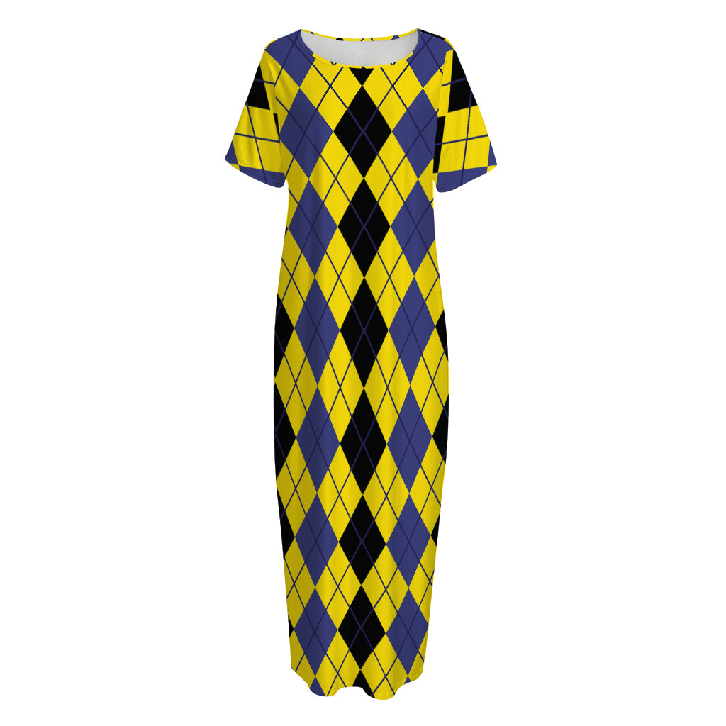 Black Blue And Yellow Argyle Print Short Sleeve Long Nightdress