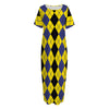 Black Blue And Yellow Argyle Print Short Sleeve Long Nightdress