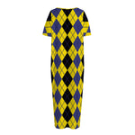 Black Blue And Yellow Argyle Print Short Sleeve Long Nightdress