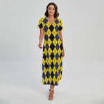Black Blue And Yellow Argyle Print Short Sleeve Maxi Dress