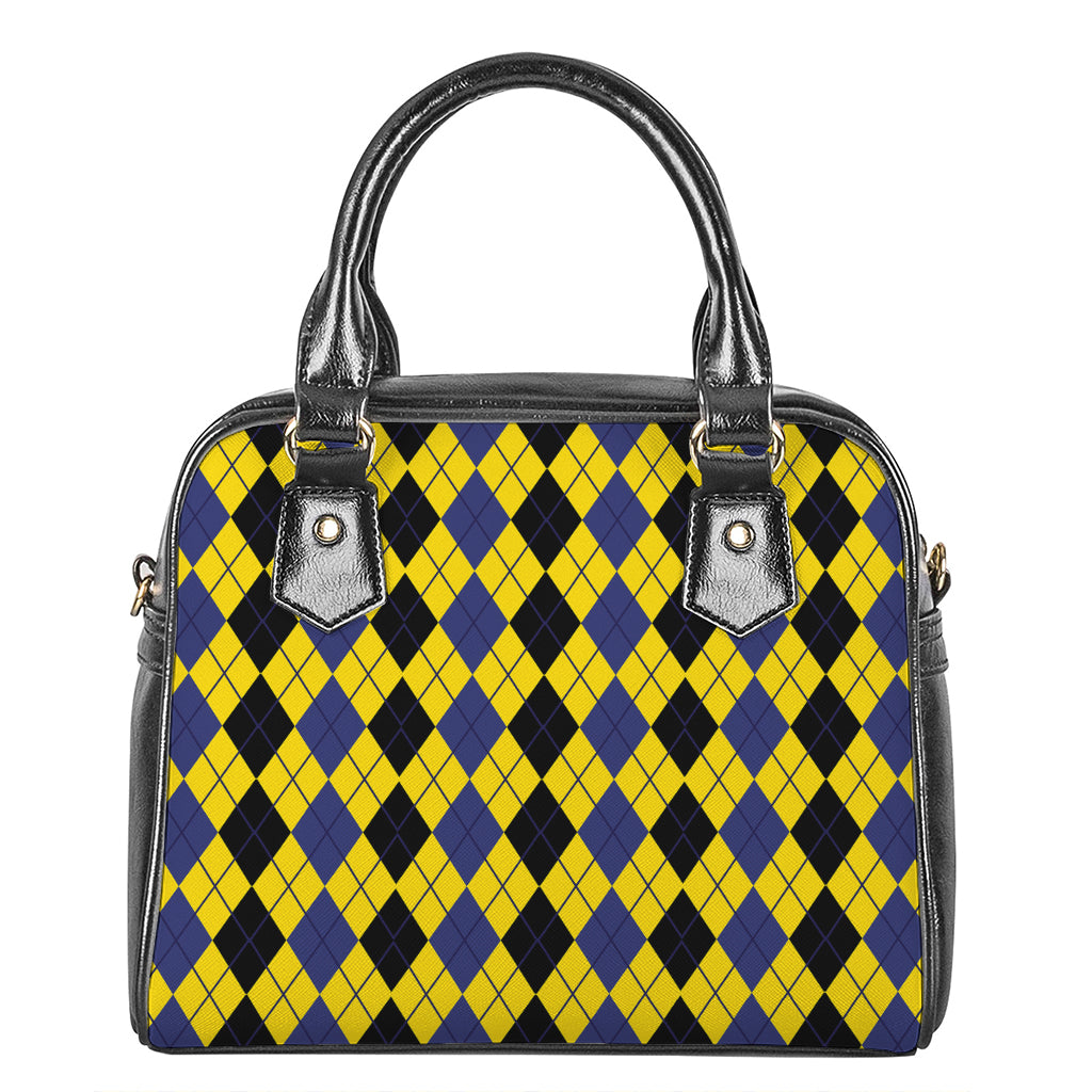 Black Blue And Yellow Argyle Print Shoulder Handbag