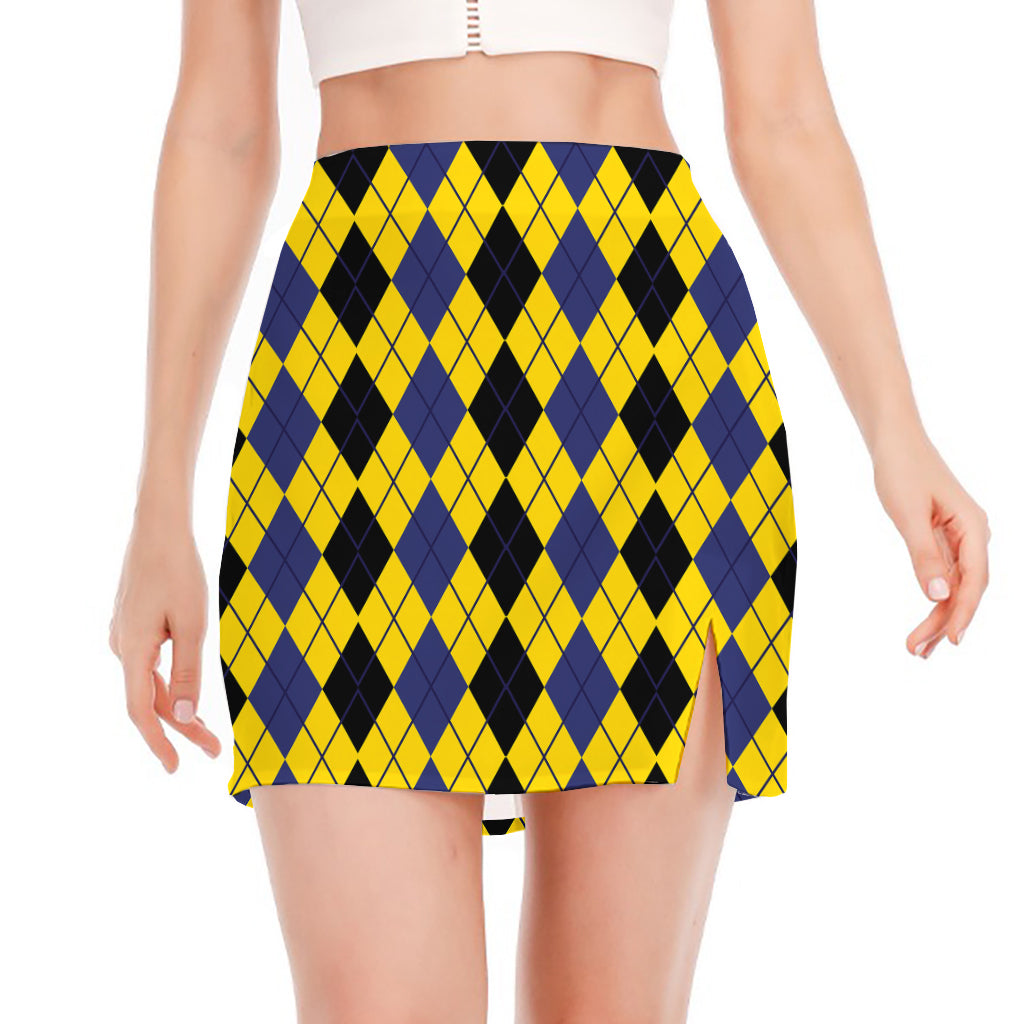 Black Blue And Yellow Argyle Print Side Slit Mini Skirt