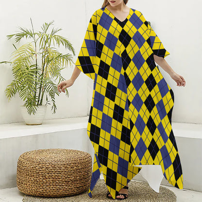 Black Blue And Yellow Argyle Print Silk V-Neck Kaftan Dress
