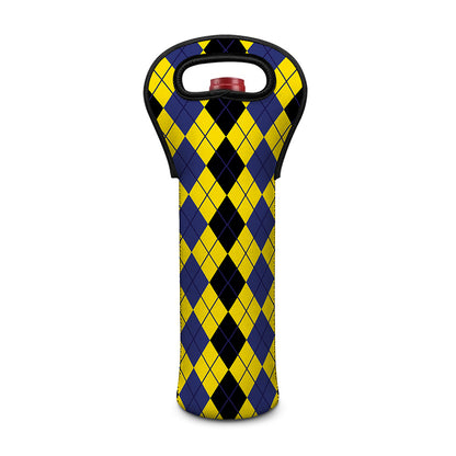 Black Blue And Yellow Argyle Print Single Neoprene Wine Tote