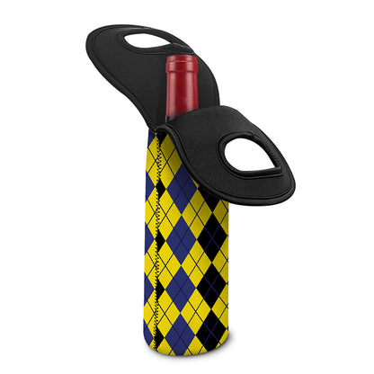 Black Blue And Yellow Argyle Print Single Neoprene Wine Tote