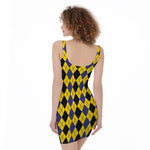 Black Blue And Yellow Argyle Print Sleeveless Bodycon Dress