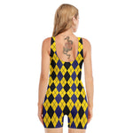 Black Blue And Yellow Argyle Print Sleeveless One Piece Swimsuit