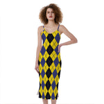 Black Blue And Yellow Argyle Print Slim Fit Midi Cami Dress