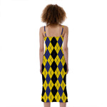 Black Blue And Yellow Argyle Print Slim Fit Midi Cami Dress
