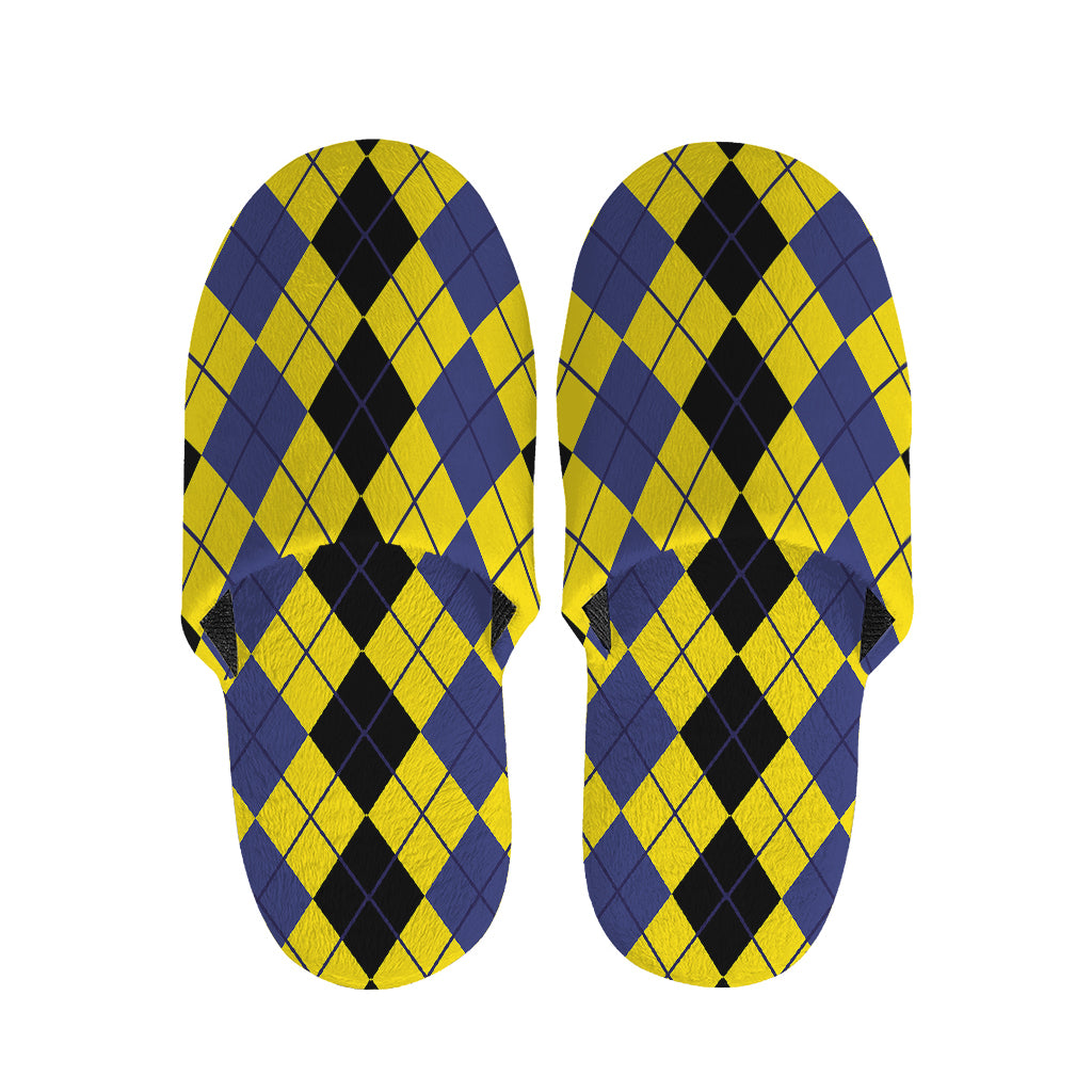 Black Blue And Yellow Argyle Print Slippers