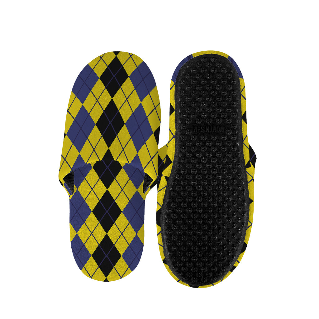 Black Blue And Yellow Argyle Print Slippers