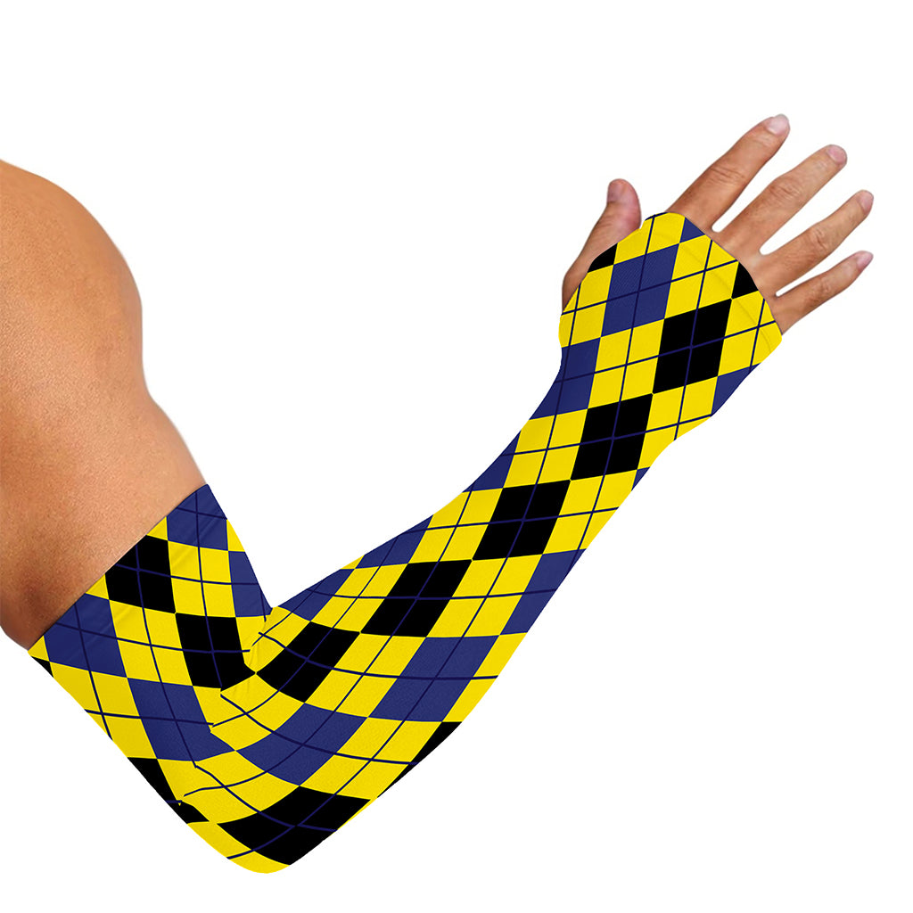Black Blue And Yellow Argyle Print Sun Protection Arm Sleeves