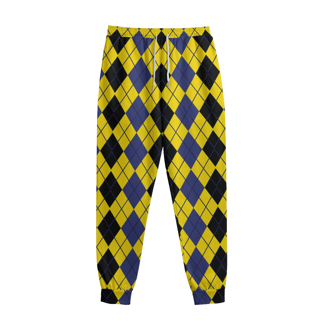 Black Blue And Yellow Argyle Print Sweatpants