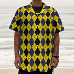 Black Blue And Yellow Argyle Print Textured Short Sleeve Shirt