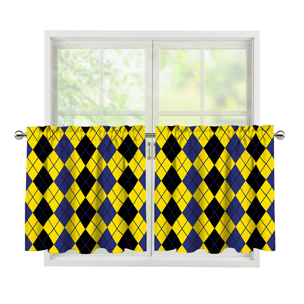 Black Blue And Yellow Argyle Print Tier Curtains