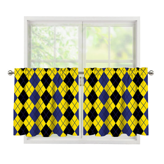 Black Blue And Yellow Argyle Print Tier Curtains
