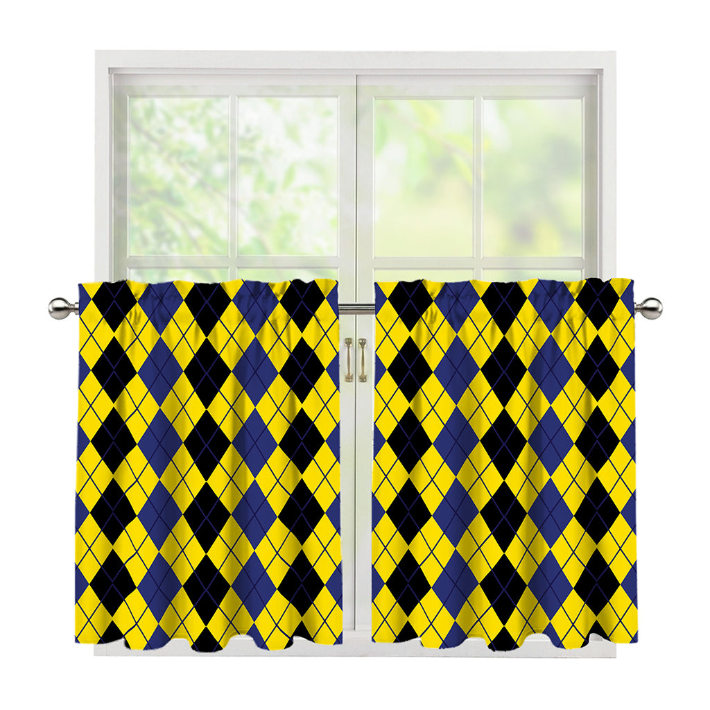 Black Blue And Yellow Argyle Print Tier Curtains