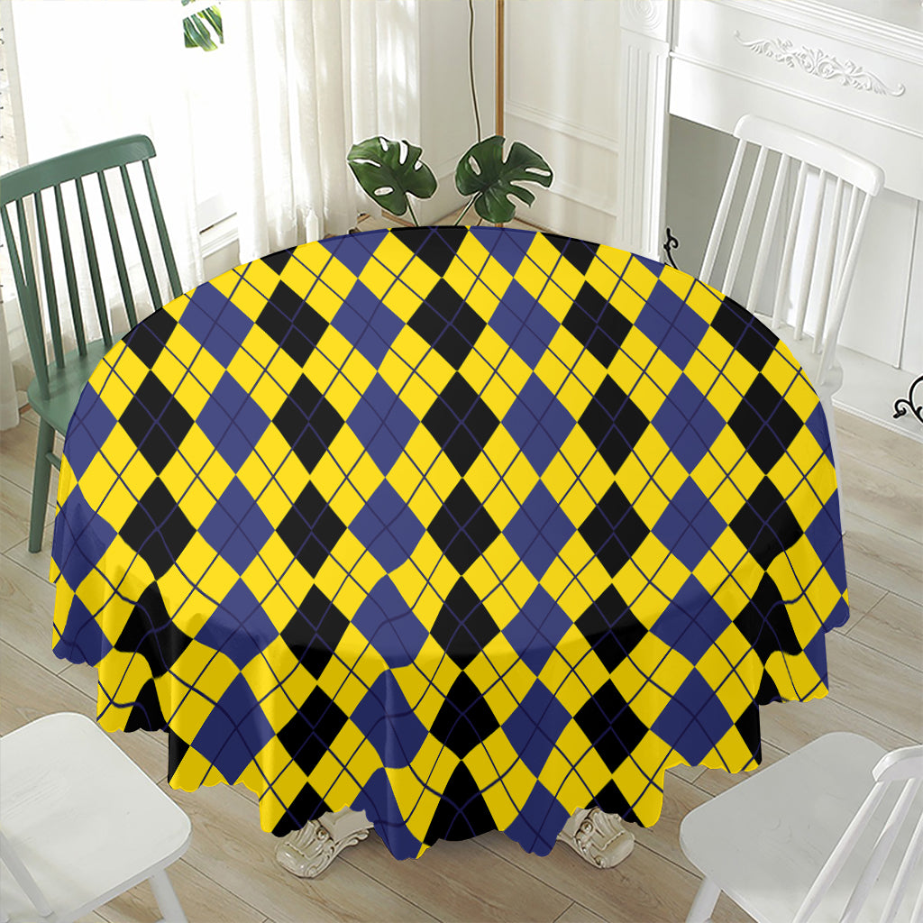 Black Blue And Yellow Argyle Print Waterproof Round Tablecloth